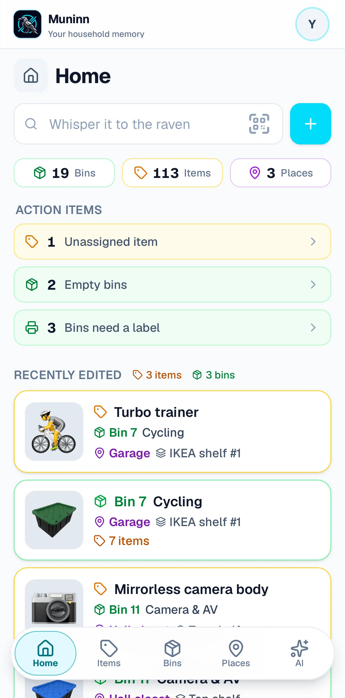 Muninn’s Home screen on a phone: 19 bins, 113 items and 3 places, three action items, then the bins and things edited most recently, each showing its bin, its place and its shelf.