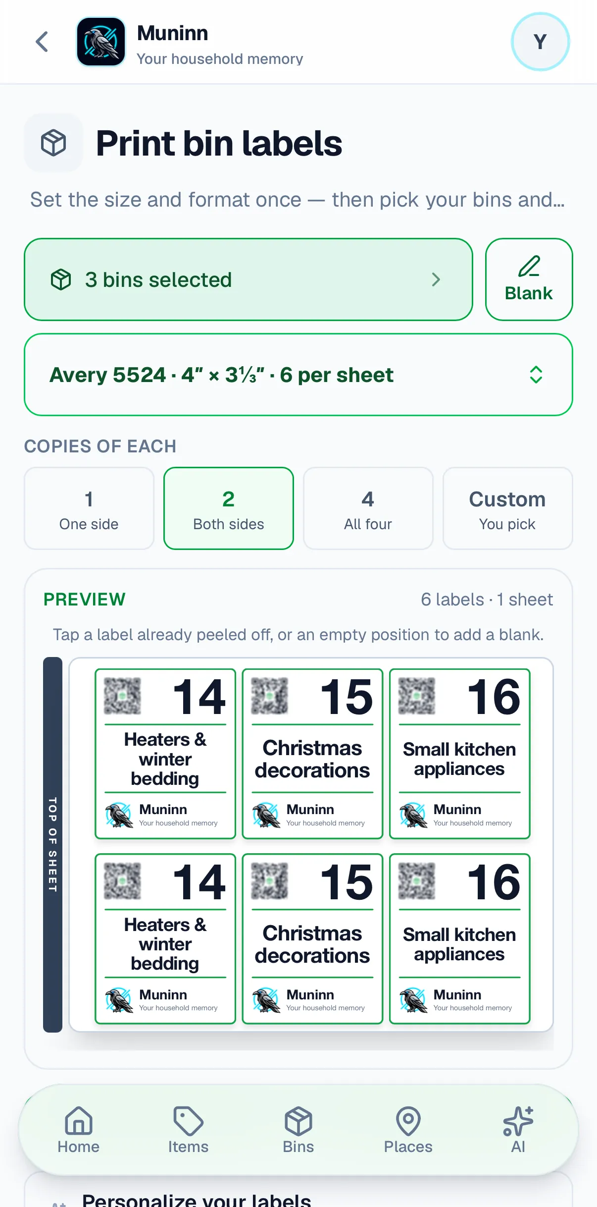 Muninn’s Print bin labels screen on a phone: a sheet of six labels laid out ready to print — two copies each of bins 14, 15 and 16 — above the controls for which bins and how many copies.