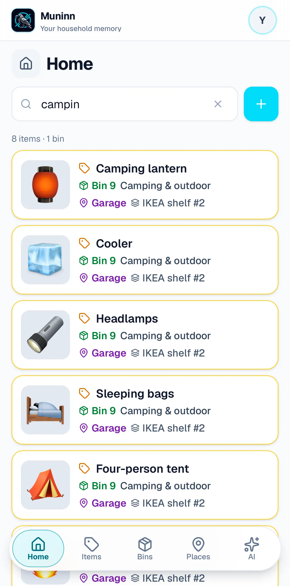 Searching Muninn for “campin” on a phone: eight items and one bin found, every row naming its bin, its place and its shelf.